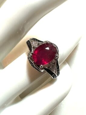 Ruby with Black and White Diamond Accents Sterling Silver Vintage Art Deco Ring